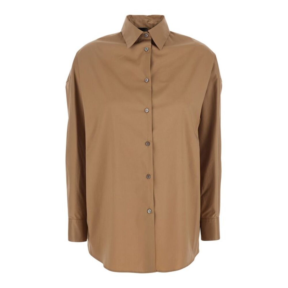 Plain Beige Shirt With Classic Collar And Curved Hem In Cotton Blend Woman
